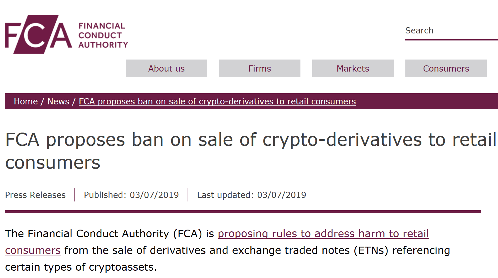 FCA considers ban of crypto-derivates