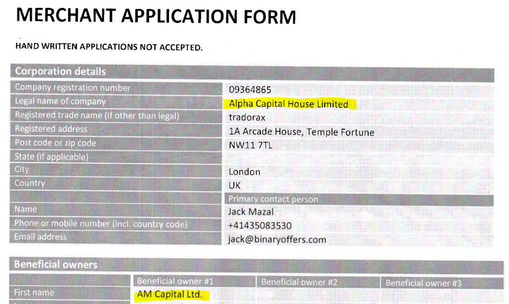 Payobin merchant application Alpha Capital House Limited for Tradorax