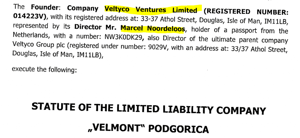 Marcel Noordeloos approved set-up of Veltyco subsidiary Velmung in Montenegro