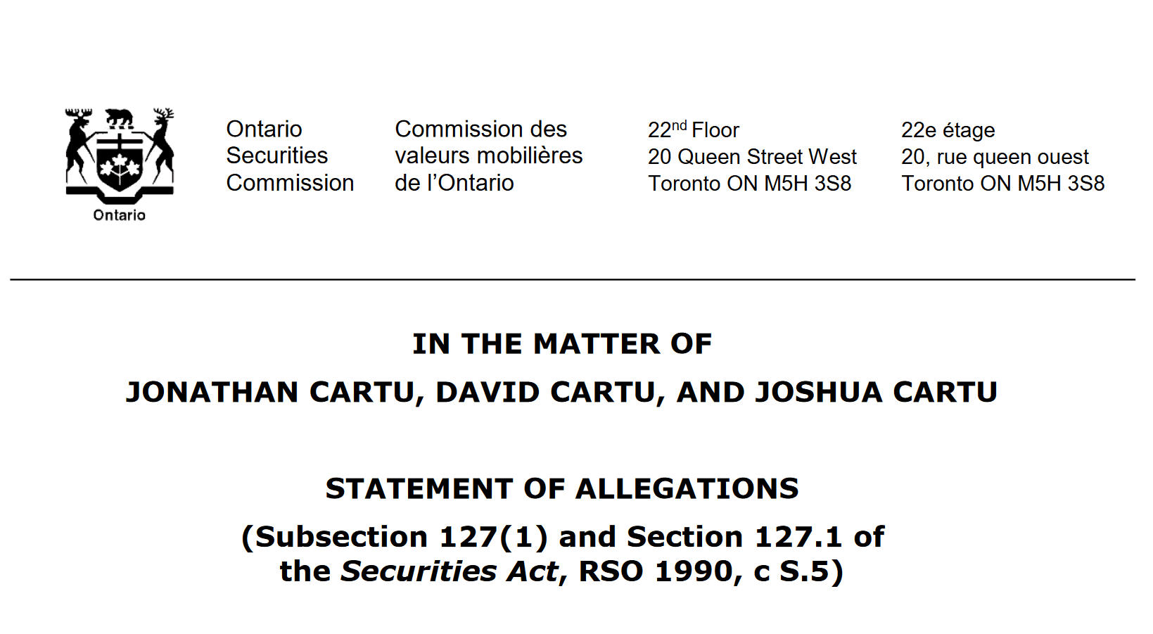 Canadian OSC charges David Cartu and his brothers