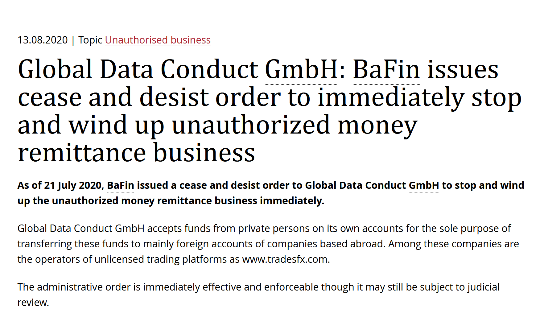 Bafin warns against illegal payment processes Global Data Conduct GmbH