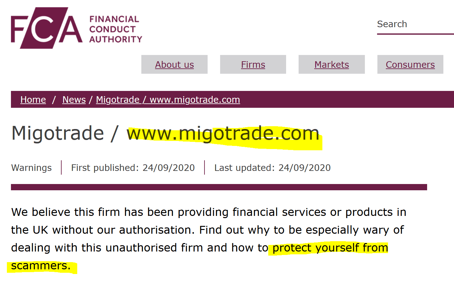 FCA warns against MigoTrade broker scam