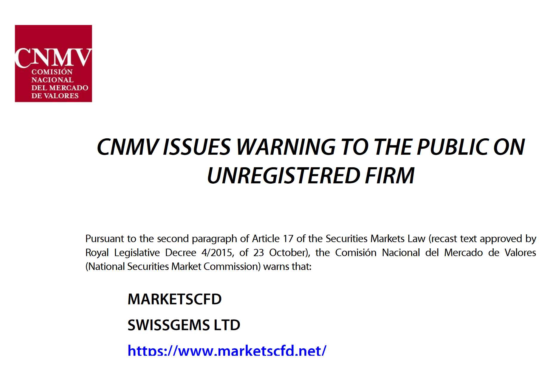 CNMV warns against Swissgems and MarketsCFD