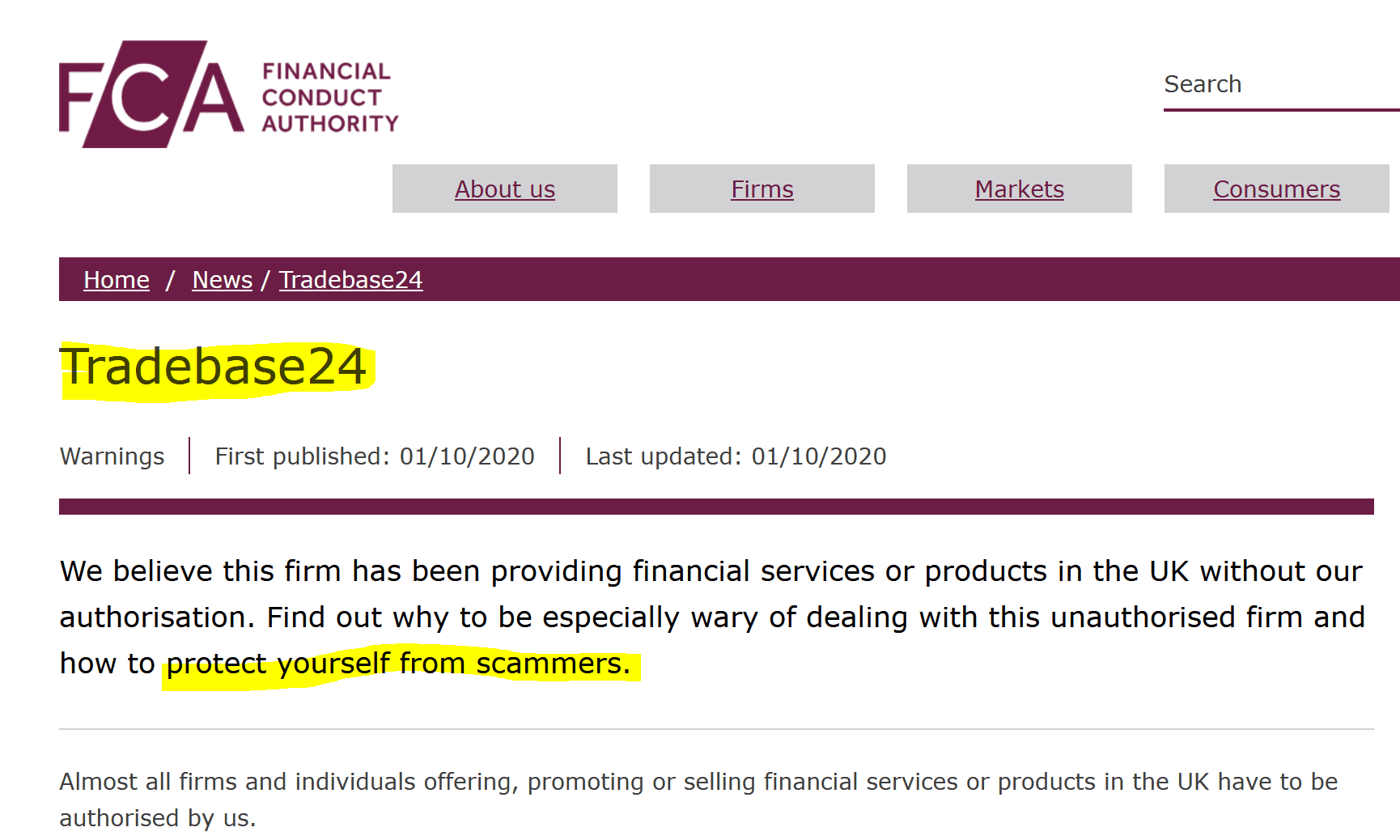 FCA warns against Tradebase24 CFD broker scam