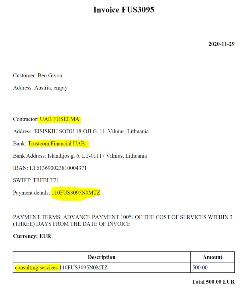 illegal payment processor Fuselma UAB and the fake invoice for scam victims