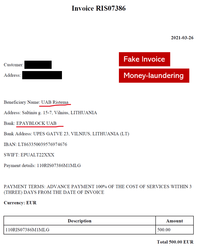 Lithuanian Ristema and its fake invoice with Epayblock