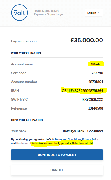 1Market payments via Volt and SafeConncet to IFX