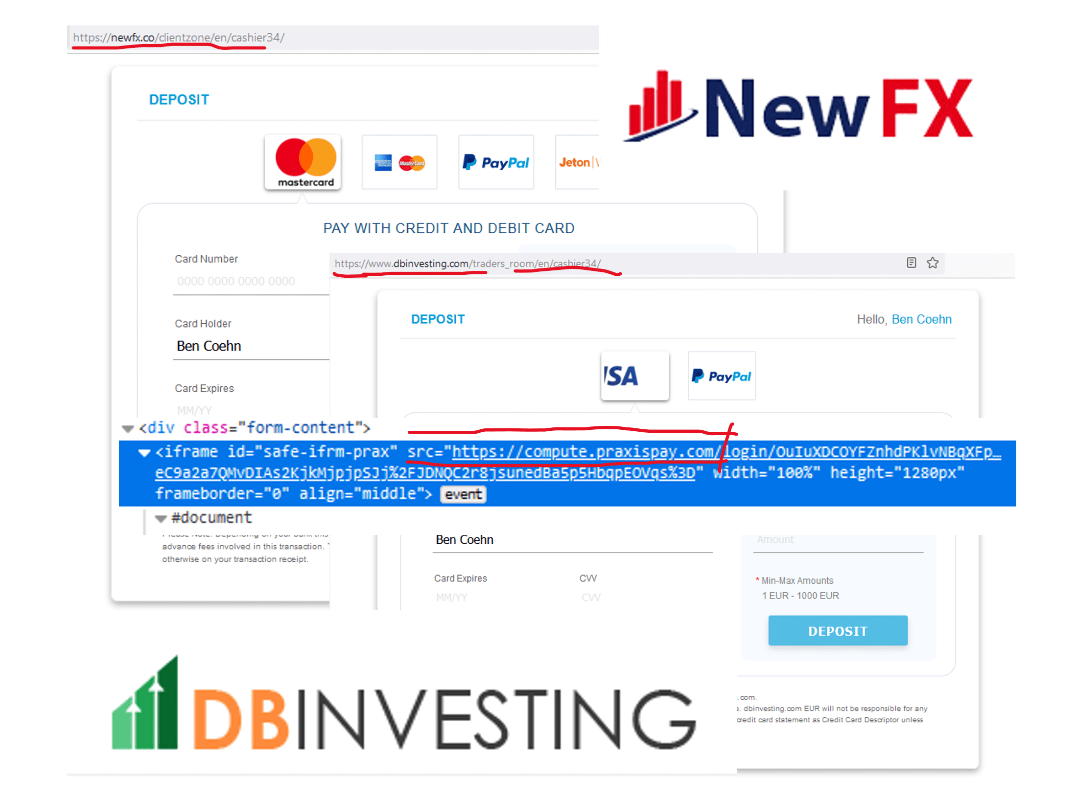 NewFX and DBinvesting broker scams facilitated by Praxis Cashier