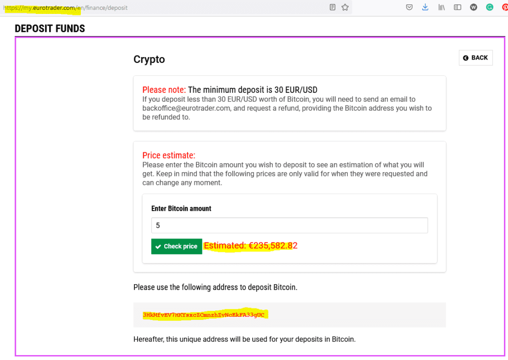 unlimited deposits with regulated EuroTrader via crypto