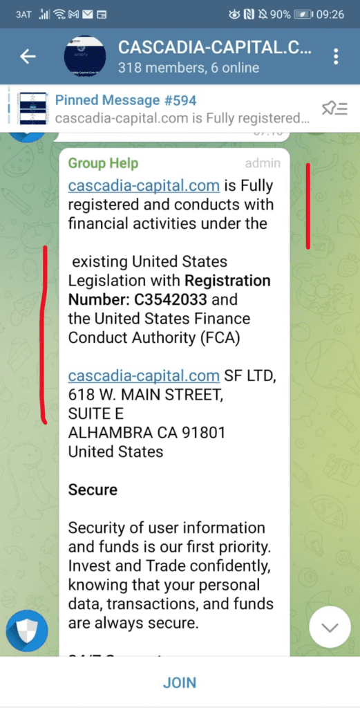 Cascadia Capital investment scam on Telegram