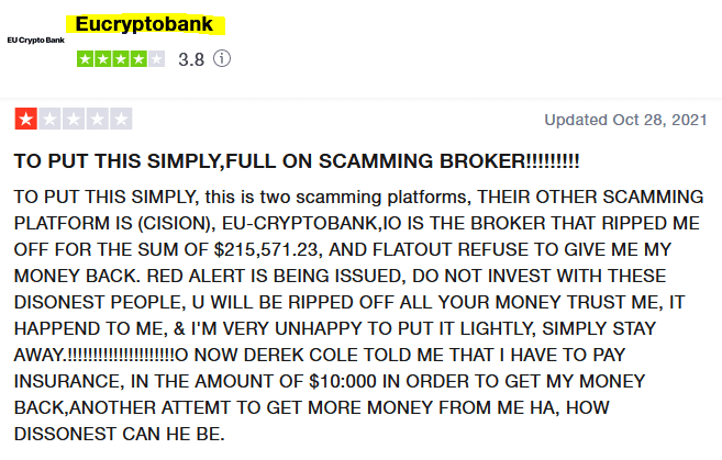 EU Crypto Bank scam review on Trustpilot