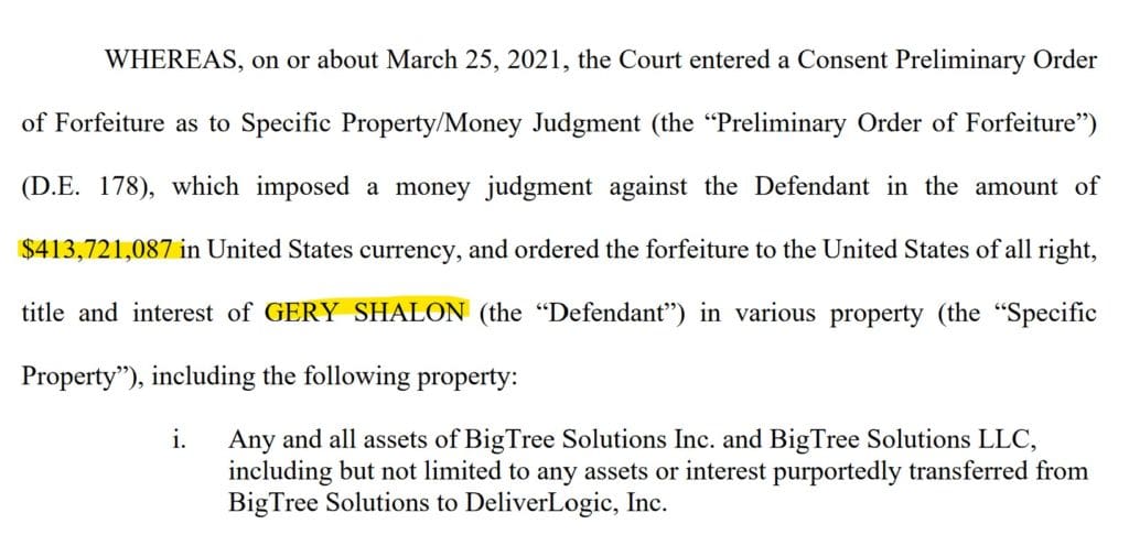 Money judgment against Gery Shalon