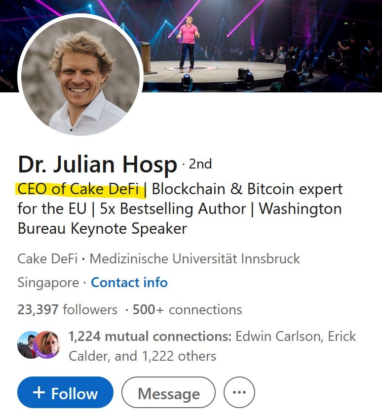 Cake DeFin co-founder and CEO Julian Hosp on LinkedIn