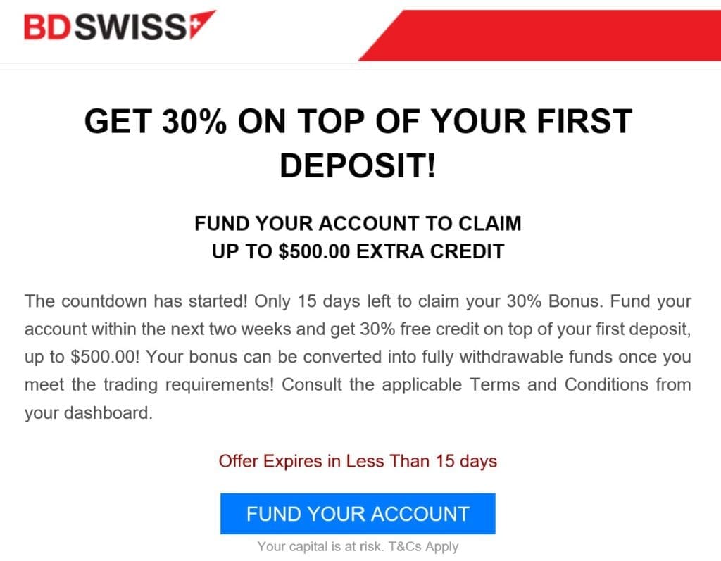 BDSwiss First Time Deposit Bonus