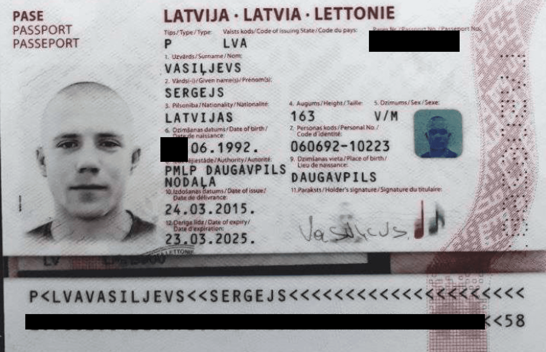 Latvian Racket lieutenant Sergejs Vasilijevs passport redacted