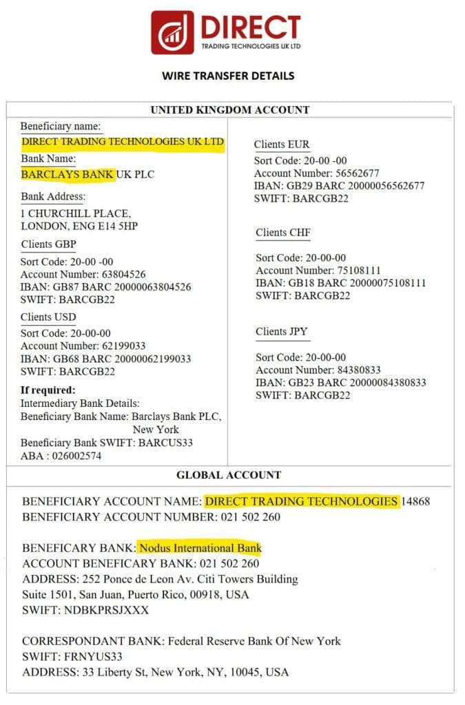 Direct Trading Technologies offshore onboarding activities and bank wire instructions