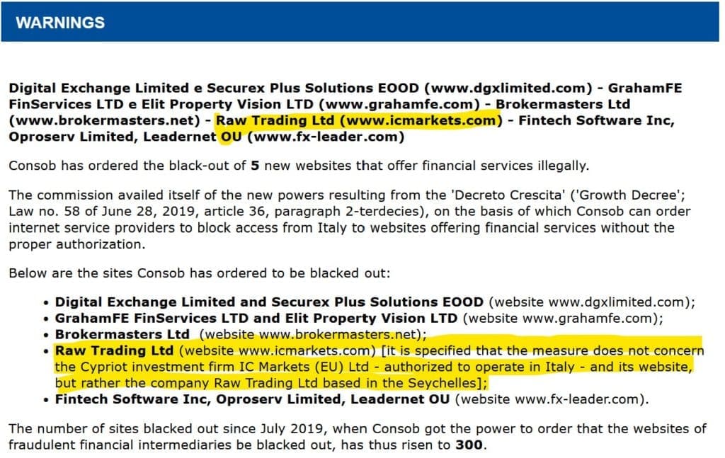 Italien Consob orders black out of IC Markets website