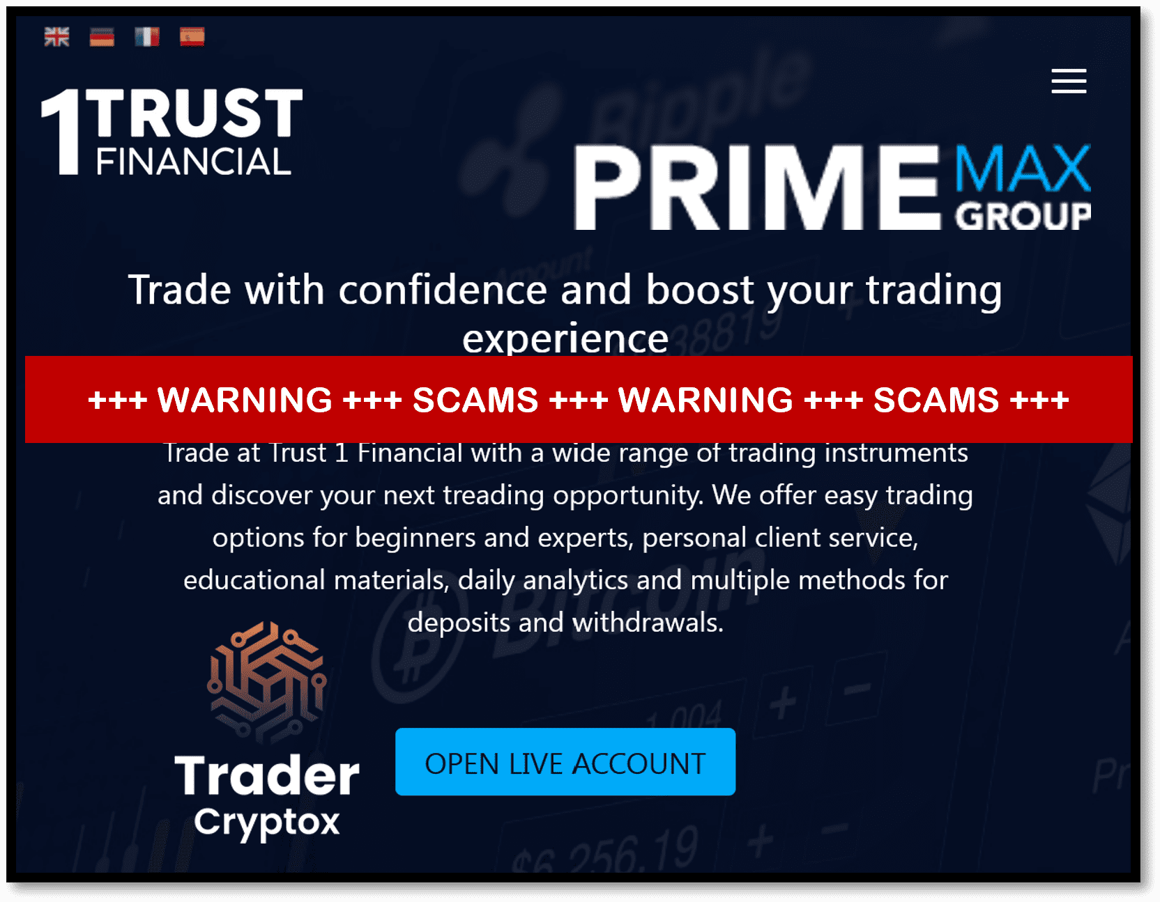 investor warning against Trust1Financial Prime Max Group and Trader Cryptox