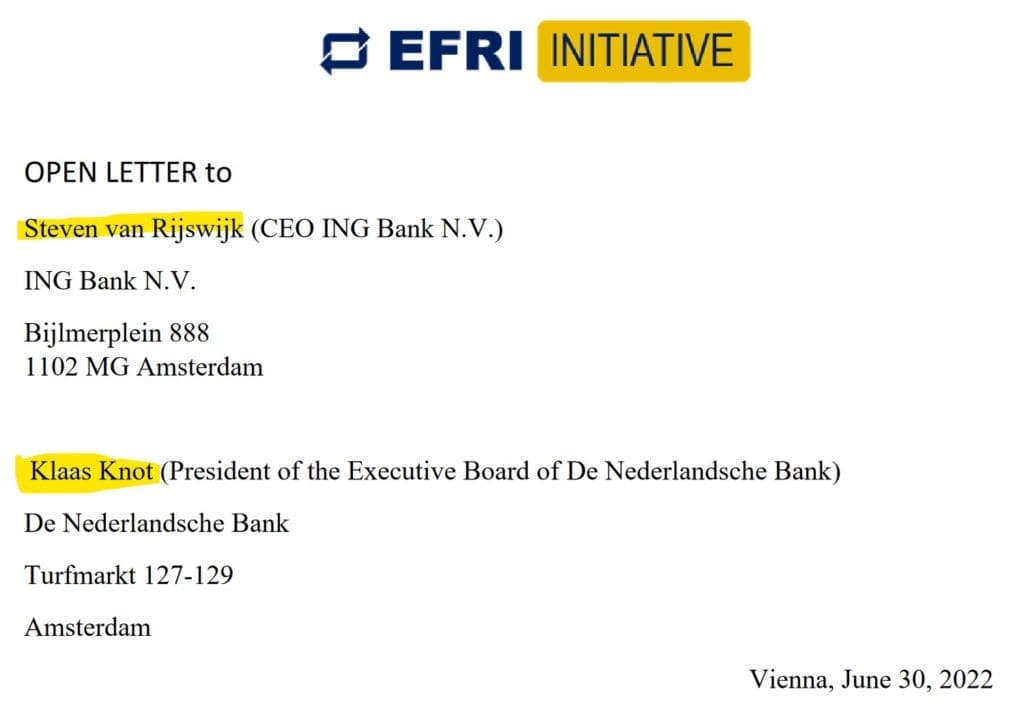 EFRI sends open letter to ING CEO Steven van Rijswijk