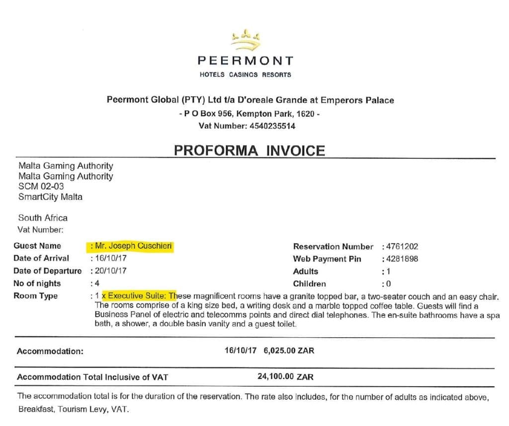 Emperors Palace invoice to MGA and Joe Cuschieri