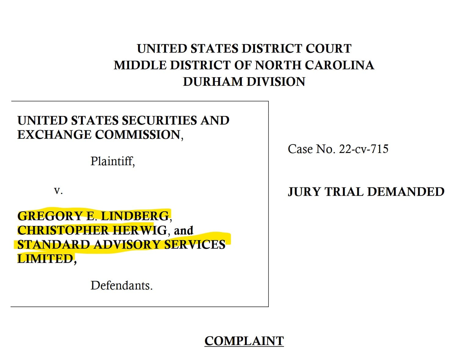 SEC filed fraud complaint against Gregory Lindberg and Standard Advisory Services