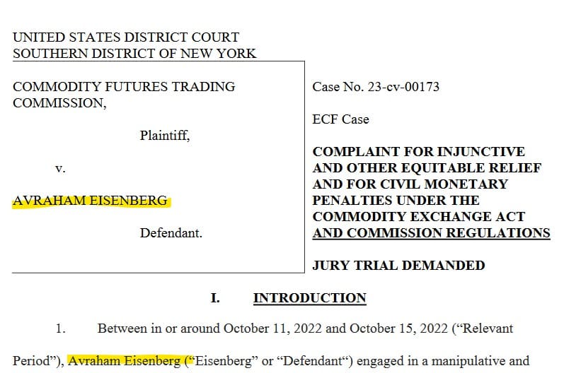 CFTC files complaint against Avraham Eisenberg