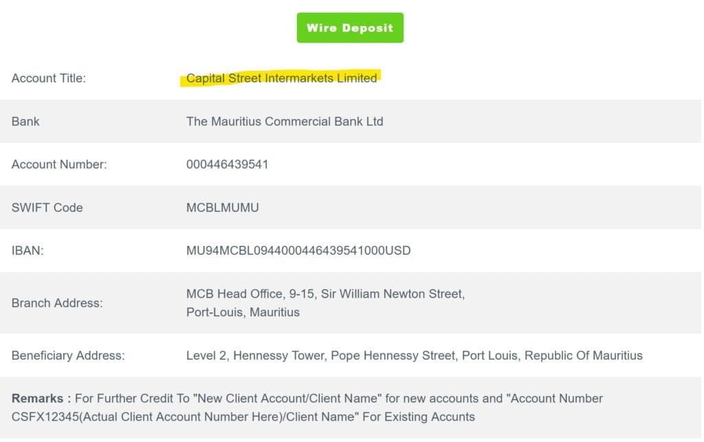 Capital Markets FX maintains a bank account at Mauritius Commercial Bank