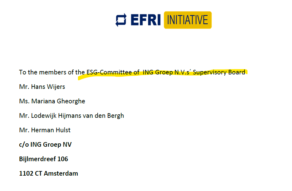 EFRI sent open letter to ING ESG Committee