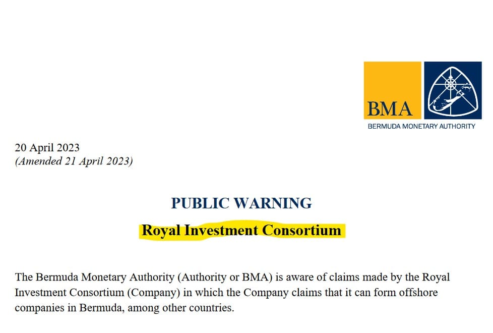 BMA Bermuda warns against Royal Investment Consortium