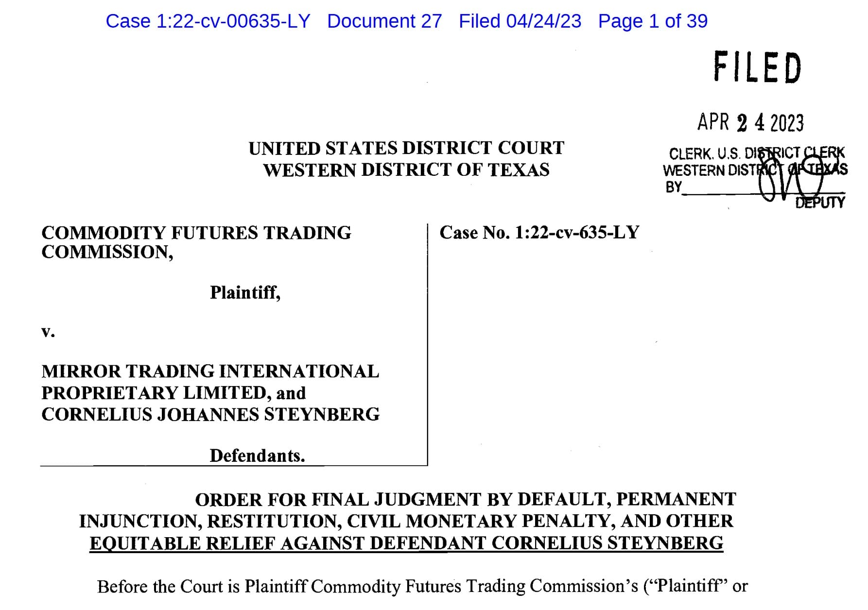 CFTC secured court order against South African forex fraudster