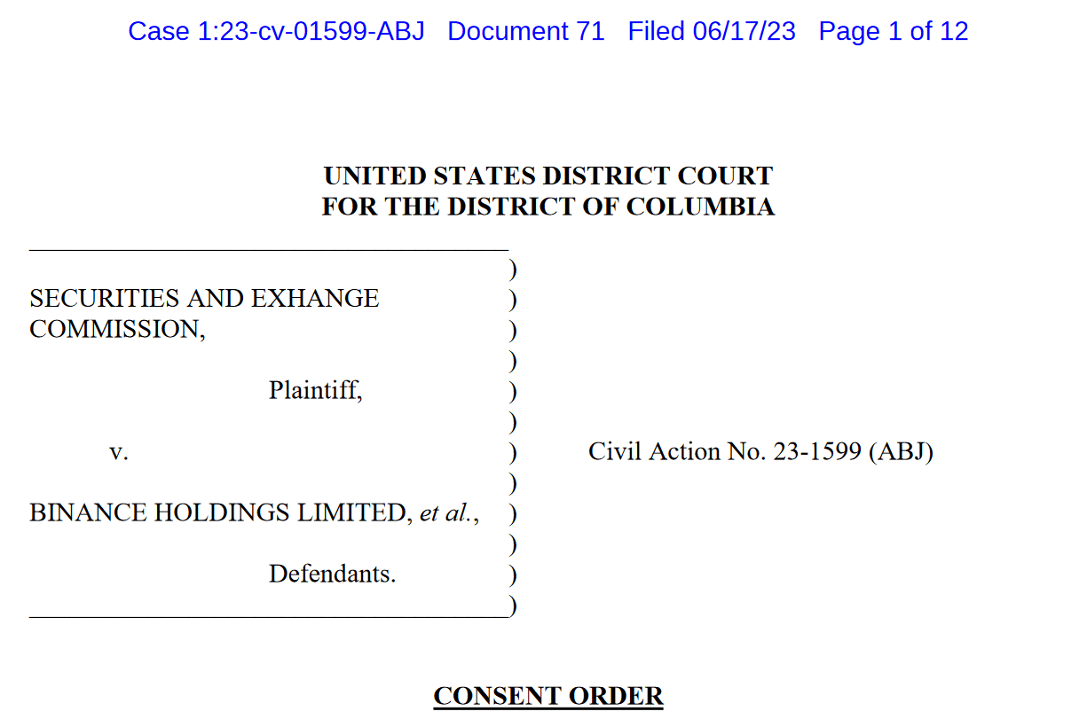 Court issued Consent Order in the SEC v Binance case