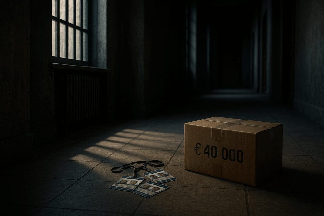 Dimly lit Baku courtroom corridor; barred windows cast shadows over abandoned press passes and a sealed evidence box marked “€40 000.”
