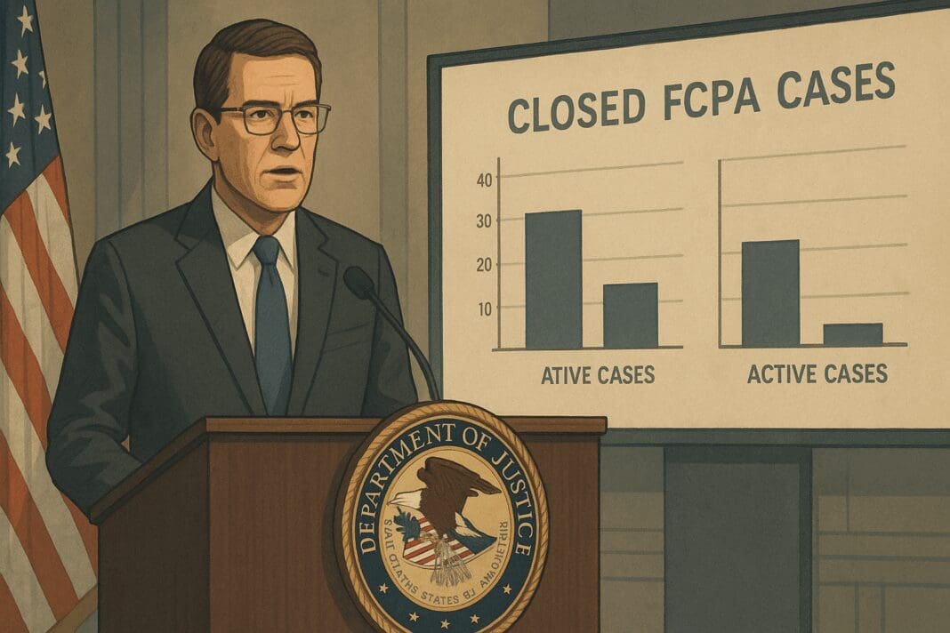 Deputy Attorney General Todd Blanche delivering a press briefing on narrowed FCPA enforcement, with bar charts showing closed and active cases behind him.