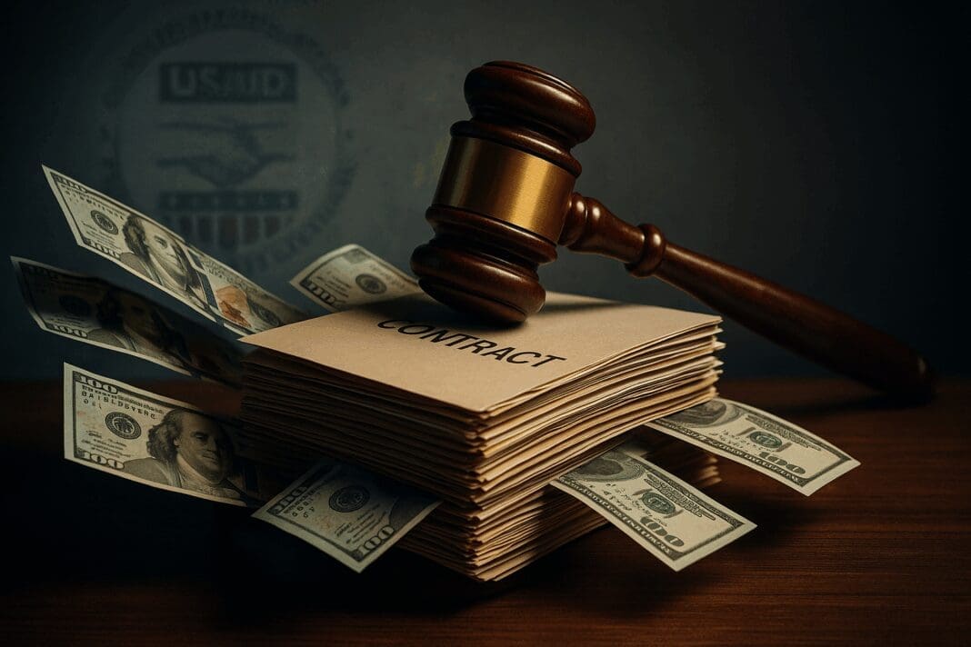 Gavel striking a stack of USAID contract files, dollar bills spilling out, with the agency’s logo faintly visible in the background.