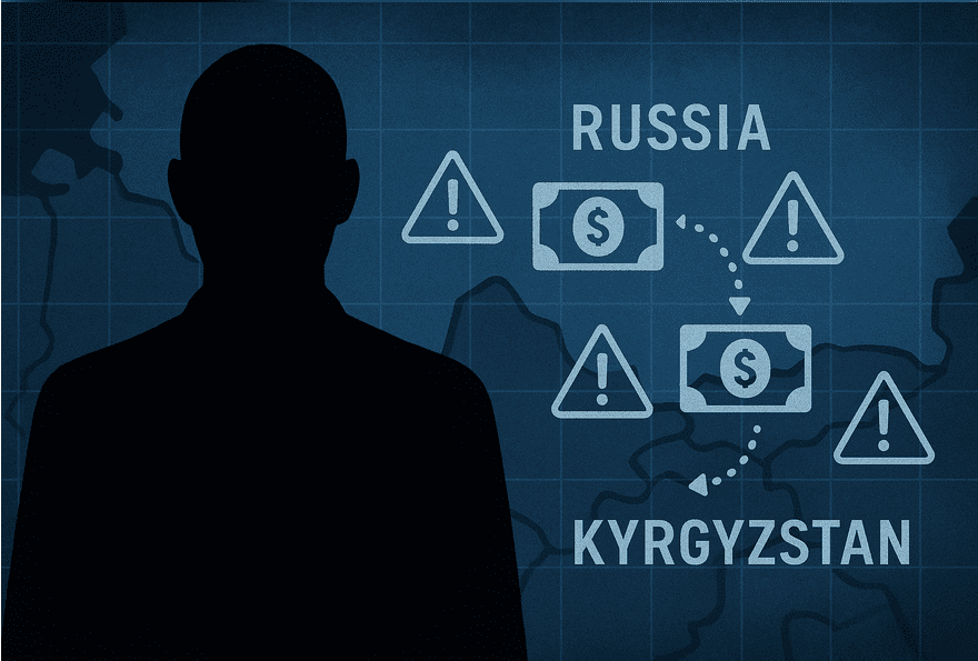 A shadowy figure in front of a digital map linking Russia and Kyrgyzstan, overlaid with financial transaction icons and compliance warning symbols.