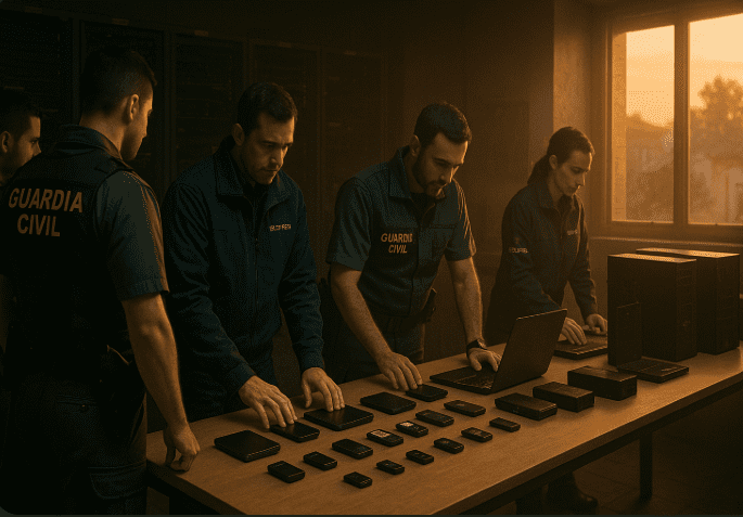 Guardia Civil officers, supported by Europol analysts, catalogue seized crypto wallets and servers during a dawn raid in Tenerife.