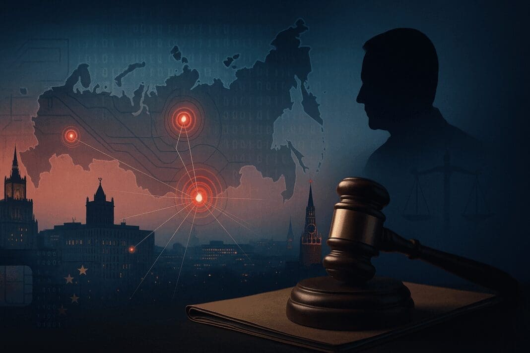 Fugitive Wirecard COO Jan Marsalek: Moscow skyline with Lubyanka silhouette, digital location pings, and court gavel overlay; caption noting Braun’s ongoing Munich trial.